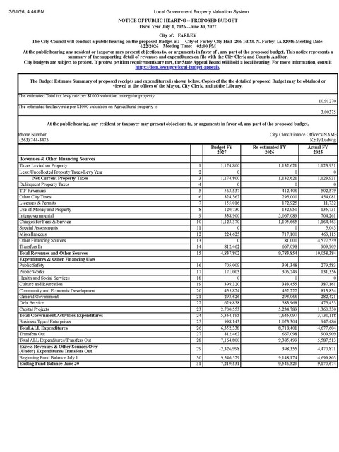 Notice of Public Hearing Proposed Budget Fiscal Year July 1, 2026-June 30, 2027