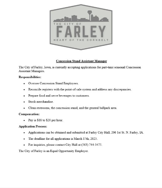 City of Farley - Concession Stand Assistant Manager Job Posting 2025